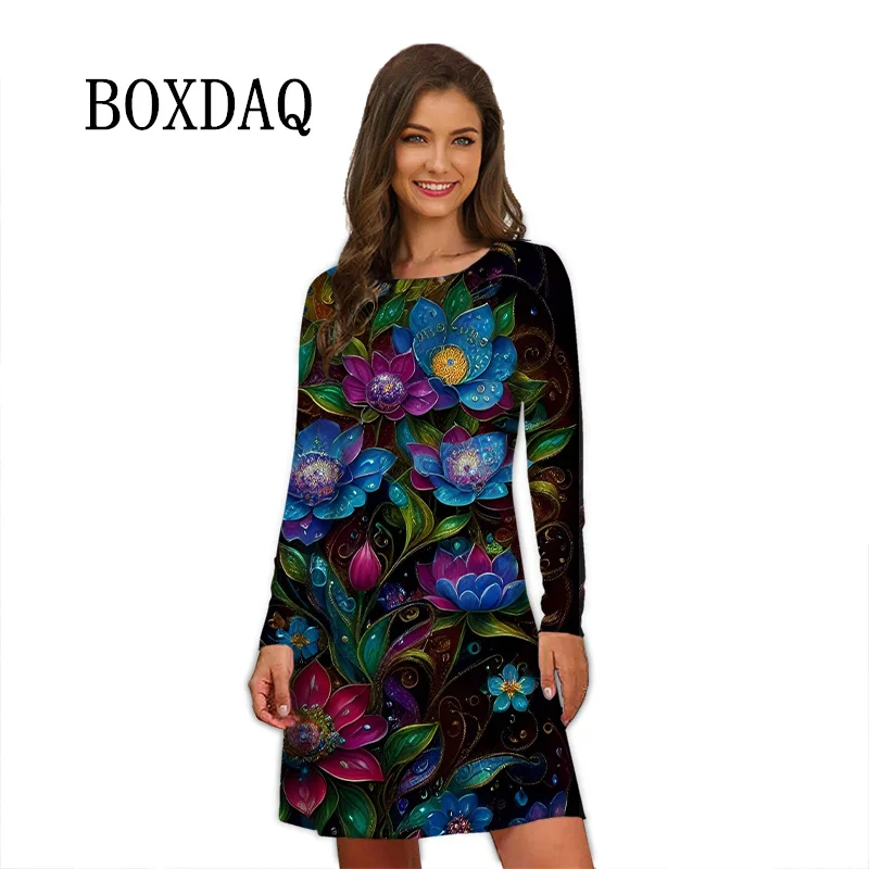 Women Clothing Fashion Long Sleeve Floral Printed Dresses Women For 2024 Autumn Big Sizes Casual Loose O-Neck A-Line Dress Femme