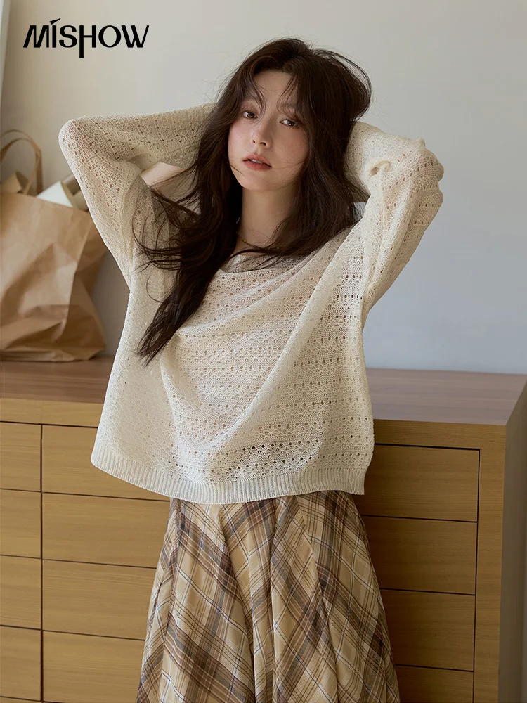 MISHOW Autumn White Imitation Linen Knitted Top 2025 Hollowed Out Casual Knitted Top Shoulder Sleeves Commuting Tops MXE42Z1350