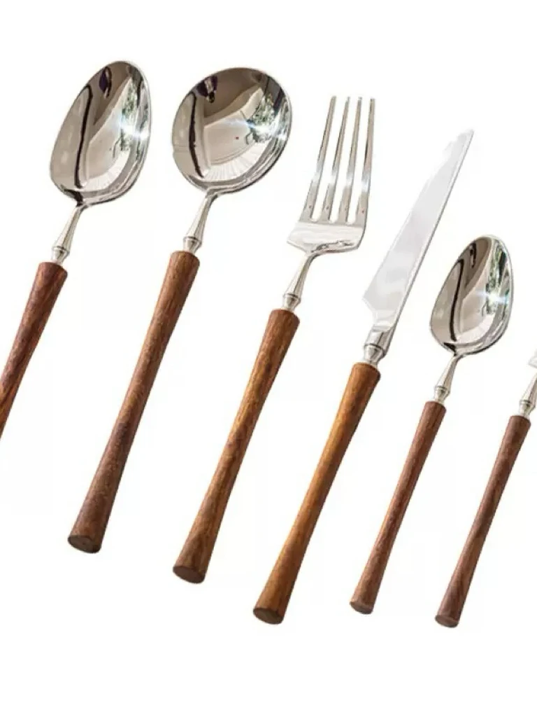 طقم شوكة وملعقة من الفولاذ المقاوم للصدأ 304 من Retro Sle Ins مع مقبض خشبي لتصميم الفواكه والأوساخ خفيف الوزن #5