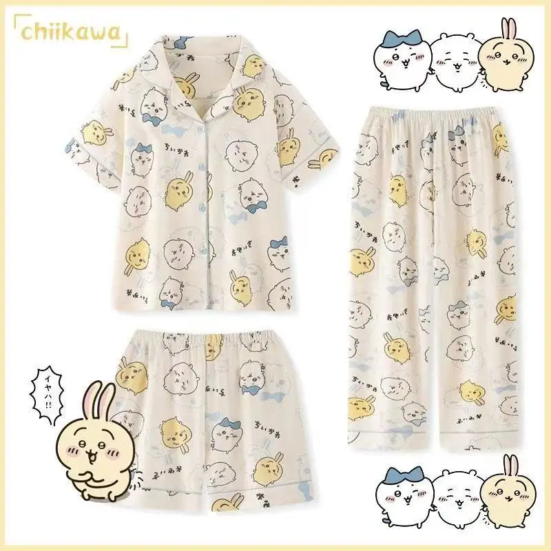 New Kawaii Sanrio Chiikawa Pajamas Three-piece Set Cute Anime Short Sleeves Shorts and Long Pants Pure Cotton Home Wear