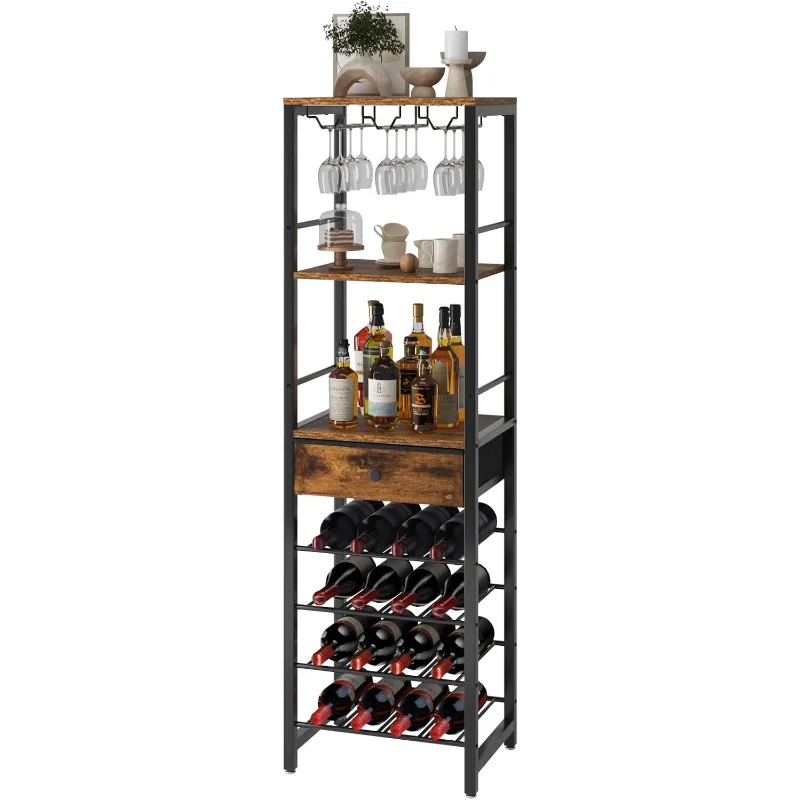 Wine Rack Freestanding Floor, Bar Cabinet for Liquor and Glasses,4-Tier Wood Coffee Bar Cabinet,Glass Holder and Storage Drawer