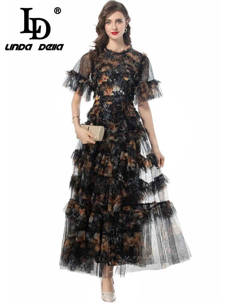 LD LINDA DELLA 2024 Summer Fashion Dress Women Vintage Flowers Print Net Yarn Flutter Cascading Ruffle Temperament Sexy Dresses