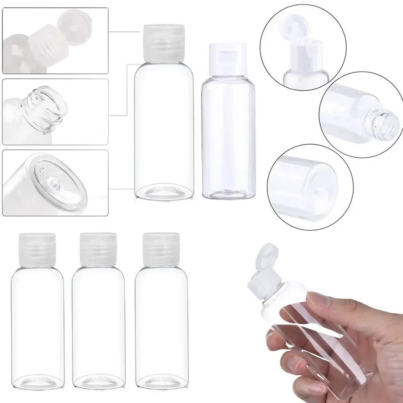 Mini garrafas vazias de plástico pet, 50 peças 5-100ml com tampas brancas transparentes para viagem, shampoo, condicionador, loção, recipiente