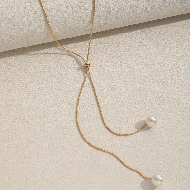 Fashion Silver Color Long Tassel Pull Pearl Pendant Necklaces for Women Simple Adjustable Clavicle Chain Choker Jewelry Gift image 4