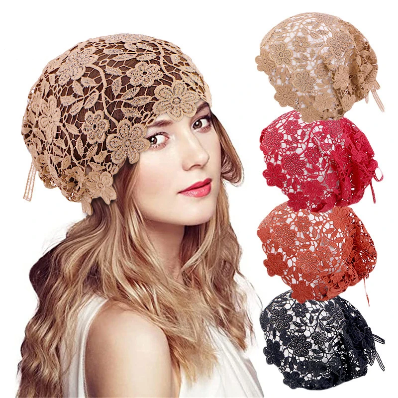 

Beautiful Diamonds Flower Women Lace Turban Hat Lace Muslim Headwear Hat Beanie Hair Loss Head Wrap Beanies Bonnet Headscarf Cap