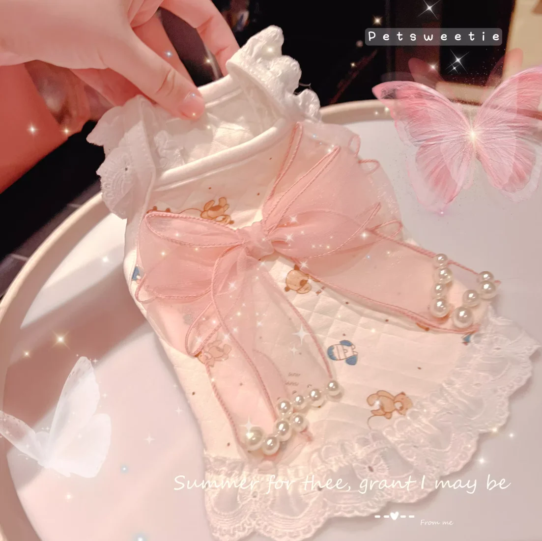 

High Quality Handmade Pink Lace Pearl Bow Pet Dress, Cute Cotton Dog Sundress for Maltese, Teddy, Bichon, Chihuahua