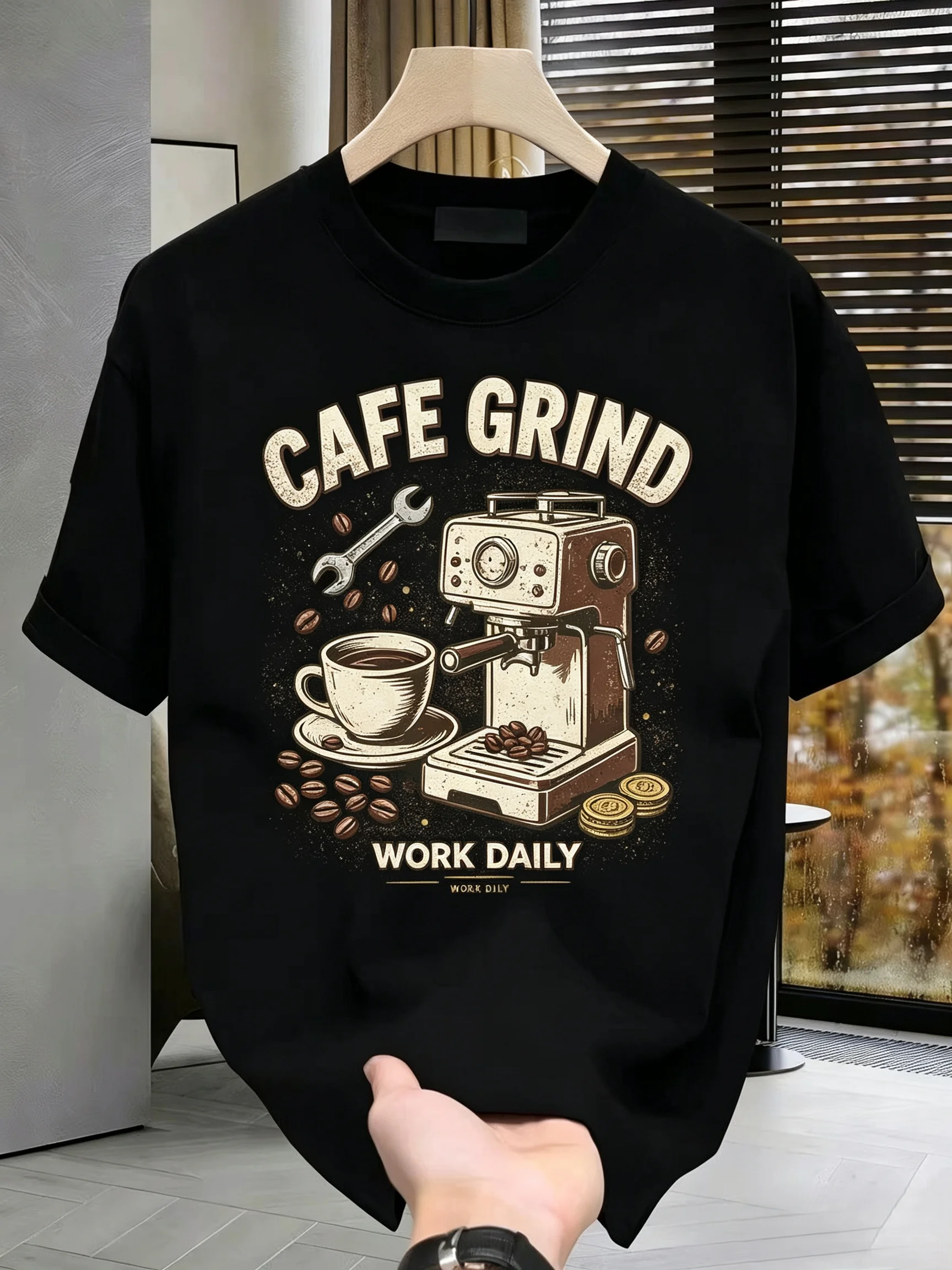Unisex CAFE GRIND Coffee Machine Graphic T Shirt Men Women Vintage Coffee Lover Short Sleeve Black Streetwear Tee