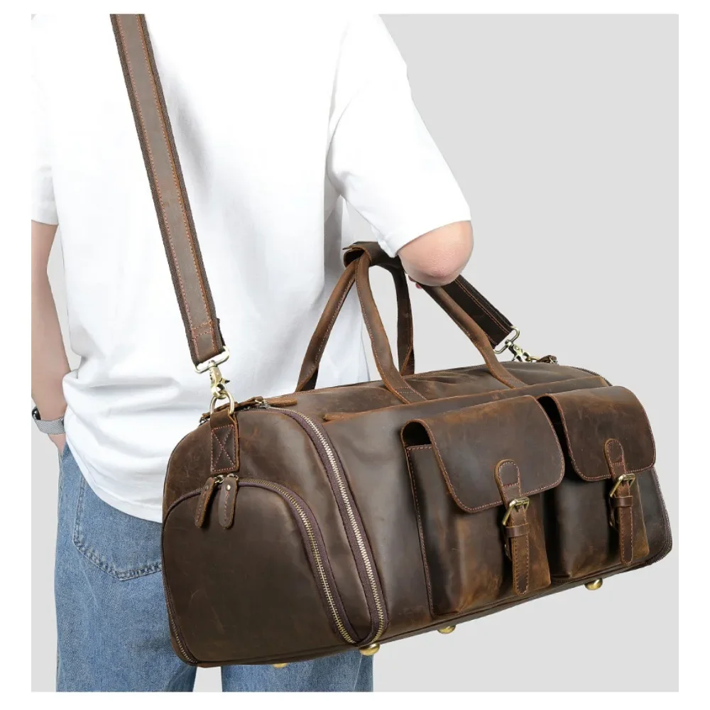 Retro Crazy Horse Leather Travel Bag, High Quality Travel Bag, Portable Short Distance Business Trip Multi functional Suit Bag