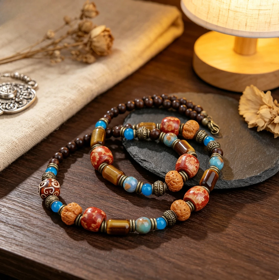 Retro Bead Tiger Eye Stone Necklace Men's Chinese Chic Imitation Walnut Bead Necklace Ethnic Style Necklace Accessories