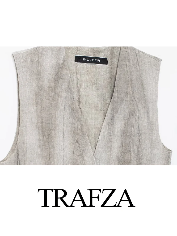 TRAFZA 2024 Women\'s Fashion Linen Sleeveless V-Neck Loose Asymmetric Vest Female Elegant Single Button Casual High Street Vest