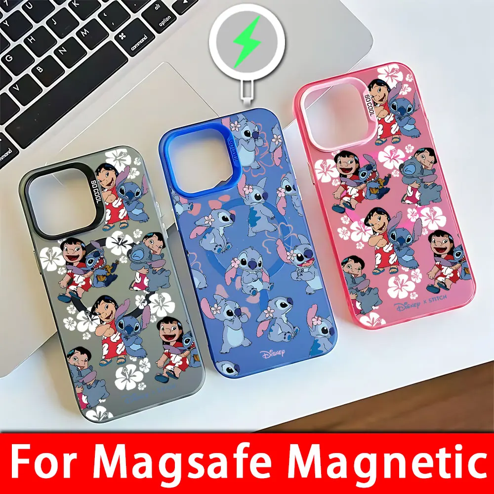 Lovely Stitch Disney Cartoon Magsafe Magnetic Phone Case for IPhone 11 12 13 14 15 16 Pro Max Plus Lens Border Plated Cover