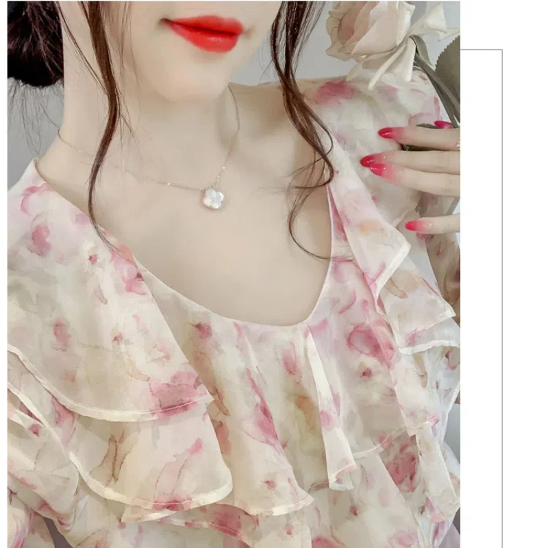 Blus Wanita Korea, blus atasan sifon lengan panjang unik manis longgar mode ruffle sambungan leher V baru musim semi musim gugur