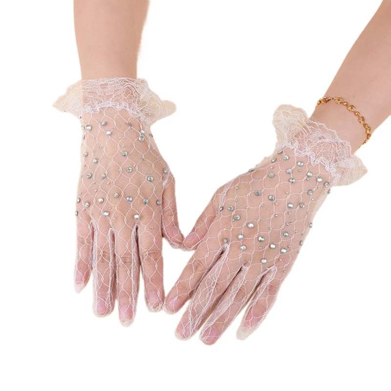 Evening Banquet Lace Gloves Diamante Accessory Short Gloves for Operas Flapper Ladies Theme Prom Costume for Bridal Wear