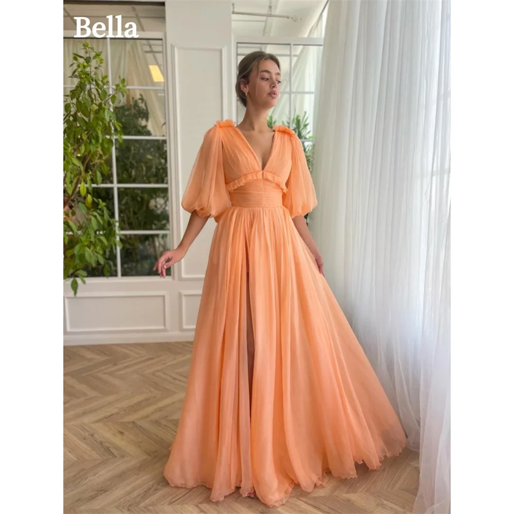 Bella Orange Tulle Prom Dresses V-neck A-line Wedding Dress Elegant Half Sleeves Floor-Length Side High Split Vestidos De Fiesta