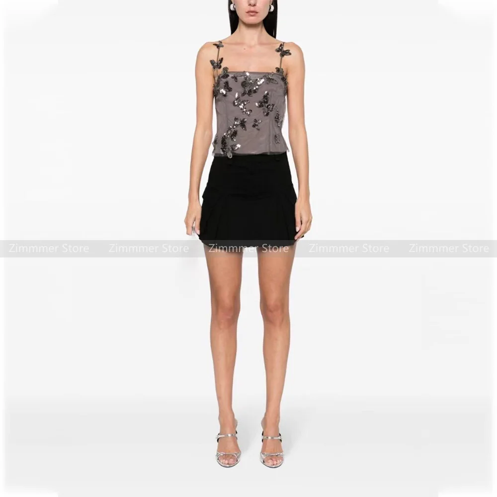 

Heavy Industry Butterfly Sequined Mesh Backless Camisole Vest High-end Pure Desire Hottie Style Short Top