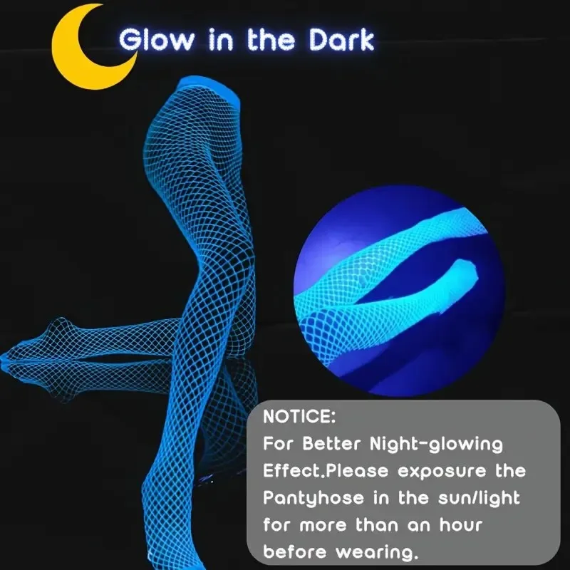 ‌ Brilho escuro collants feminino azul fluorescente fishnet meias rendas oco para fora meias noite clube festa rave meias sexy brilhantes