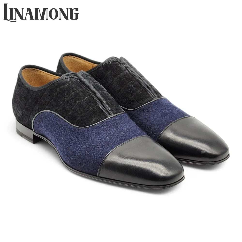 Black Navy Blue Male Oxfords Smooth Leather and Textured Fabric Dress Shoes Almond Toe Designer Handmade Elegant Leather Shoes