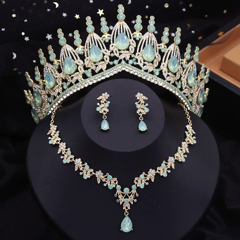 Blaue Krone Brautschmuck Sets für Frauen Opal Tiara Halskette Ohrringe Sets Abschlussball Hochzeit Braut Schmuck Kostümzubehör