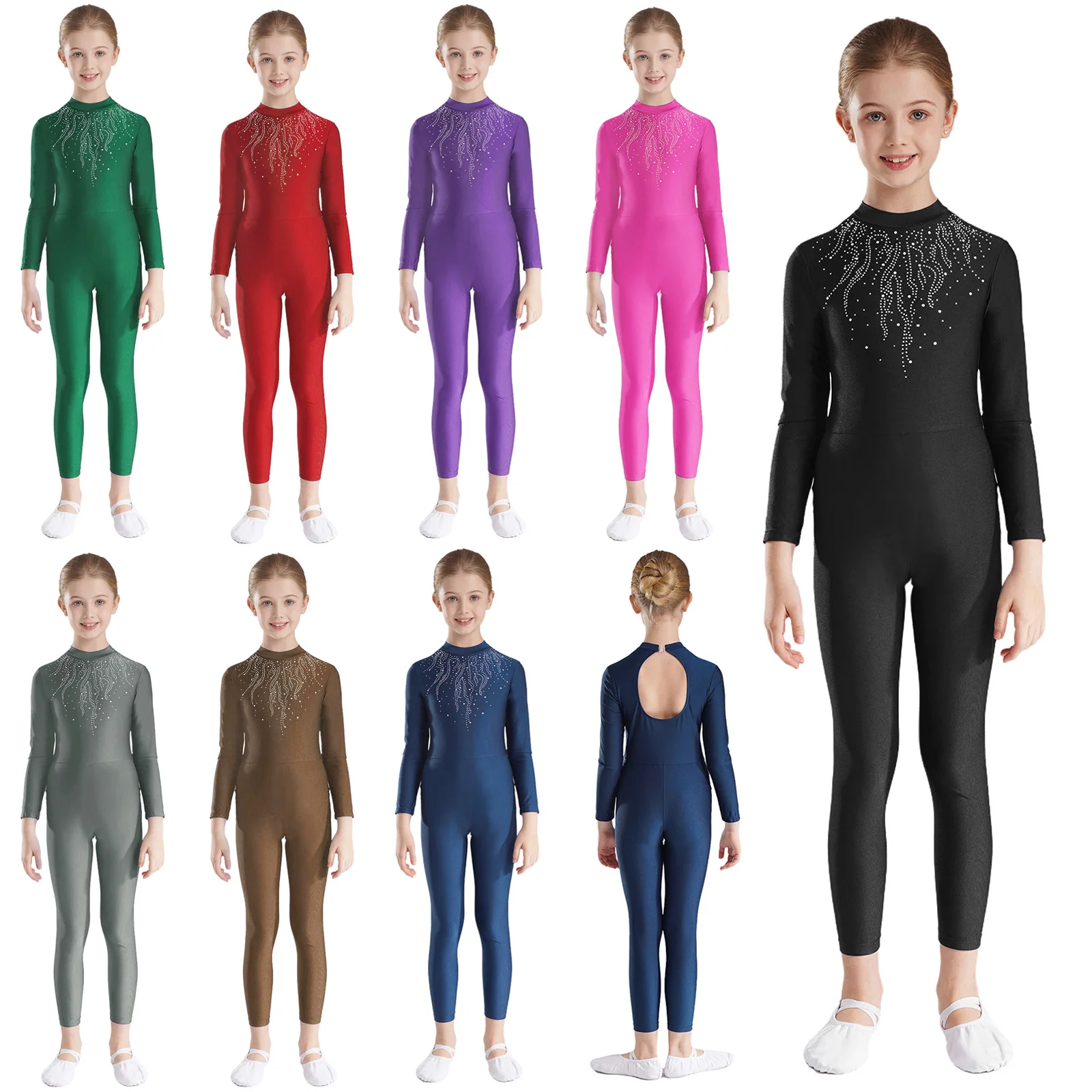 Crianças meninas ballet ginástica macacão strass keyhole volta manga longa dança lírica patinação artística collant palco dancewear