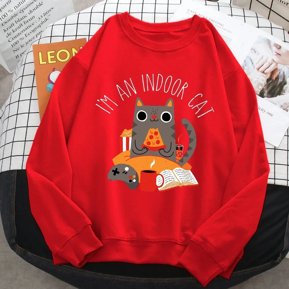 เสื้อสเวตเตอร์ผู้หญิงลายแมวทานพิซซ่า พิมพ์ลายฮู้ดดี้ สวมใส่สบาย ทรงหลวม คอกลม แขนยาว