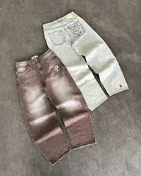 Jeans largos marrom vintage masculino, cintura alta, calças de perna larga, calças jeans de proteção de streetwear, calças hip hop, carta bordada, Harajuku, Y2K