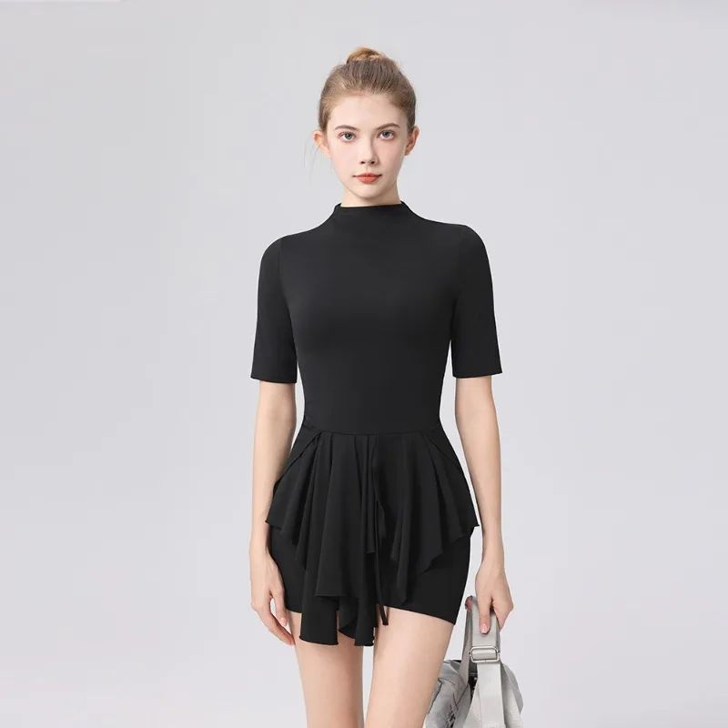 Streetwear Stand-collar Tennis Golf Dress High Waist Slim Athletic Yoga Dance Dress for Gym Workout Casual with Built-in Shorts