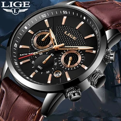 LIGE New Fashion Sport Quartz Watches Men Luxury Business Leather Watch Waterproof Wristwatches Male Clock Relogio Masculino+BOX