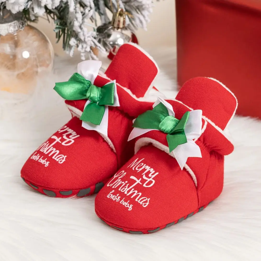 

KIDSUN Indoor Christmas Baby Shoes Boy Girl Crib Socks Cotton Fabric Cute Star Printed Newborn First Walkers Baby Booties