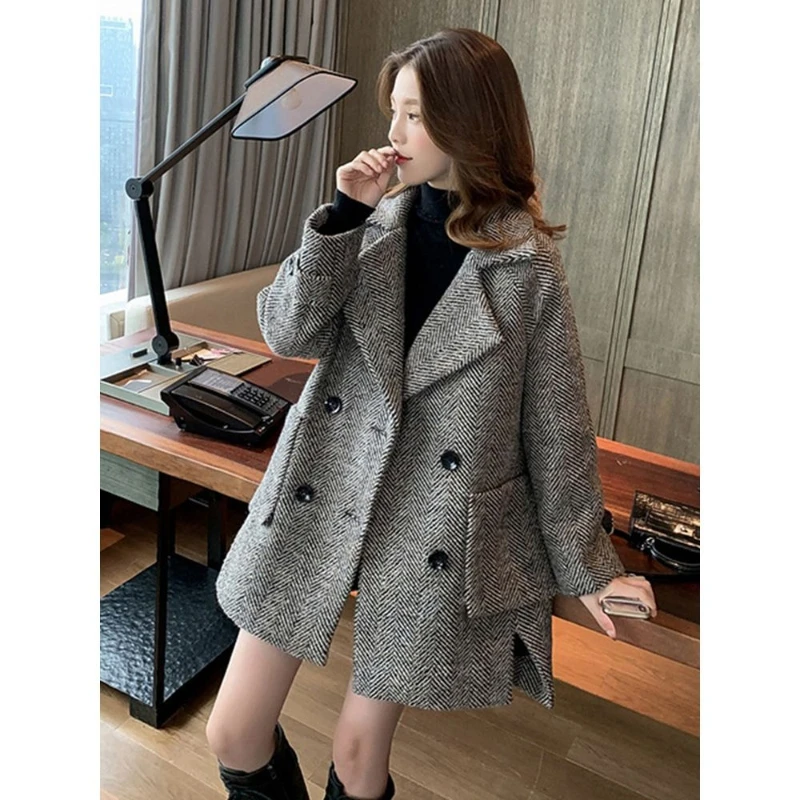 Handmade Sewn Double-sided Woolen Blazer Women Spring Autumn Plaid Wool Overcoat Office Lady Casual Suit Coat Thick Jacket