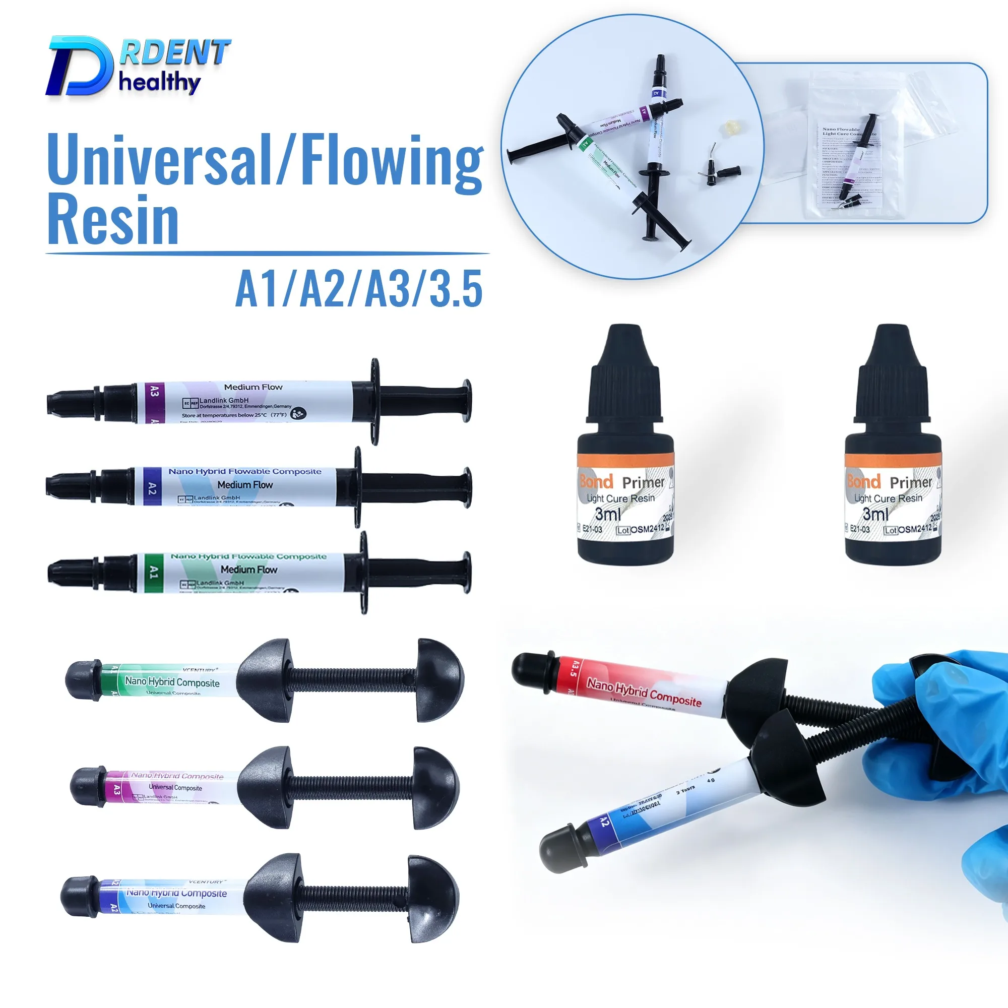 Résine composite dentaire fluide photopolymérisable A1 A2 A3 A3.5 avec gel de gravure adhésif pour matériaux de restauration dentaire
