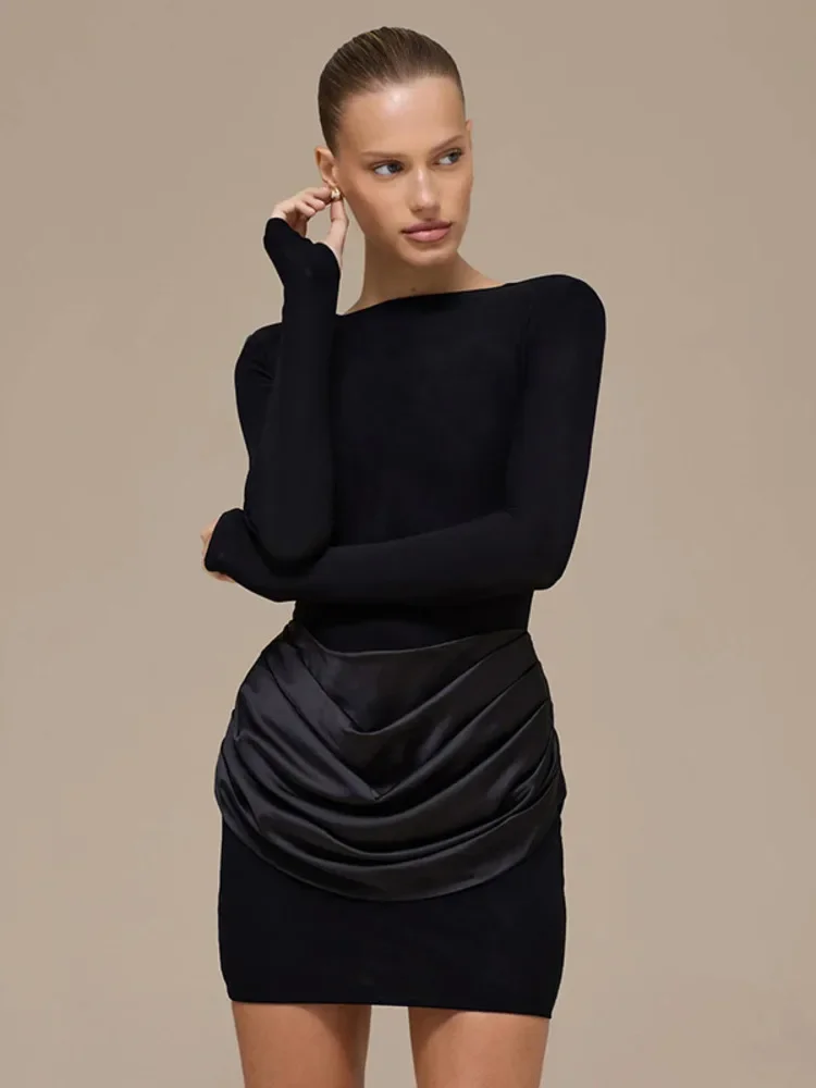 Chaxiaoa Long Sleeve Ruched Sexy Mini Dress Women Gown Elegant Satin Patchwork O Neck High Waist Club Party Dresses Fashion