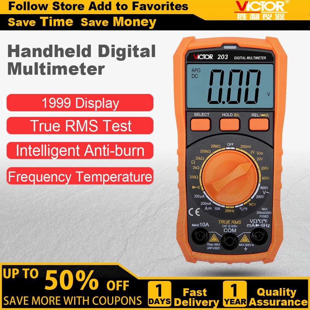 

VICTOR 203 1999 Counts Lcd Display Small True RMS Digital Multimeter Tester Auto Range 600V 10A AC DC NCV Measurement