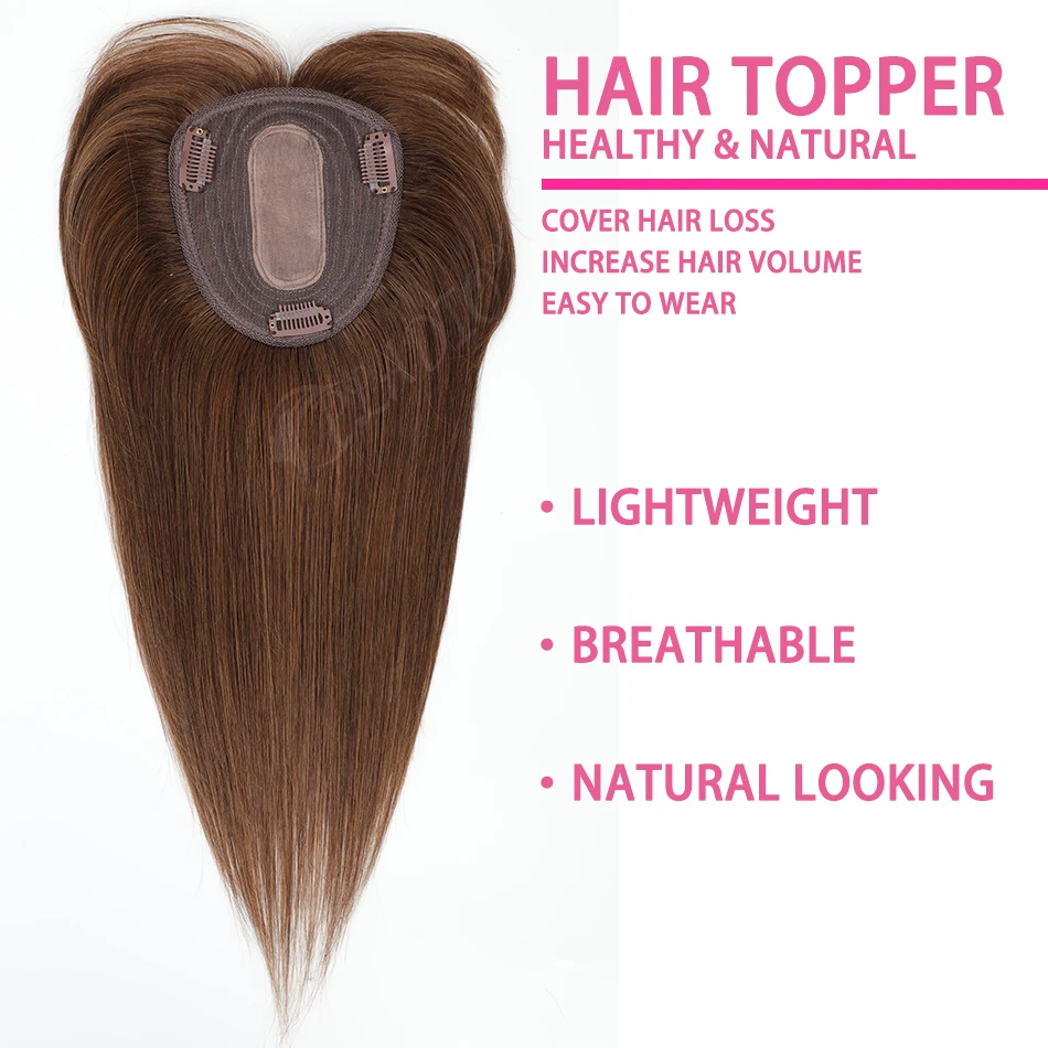 13x12cm 10-14 Inch Real Human Hair Toppers Clip In Realistic Breathable Mesh Base Color #4 for Thinning Hair Add Volume