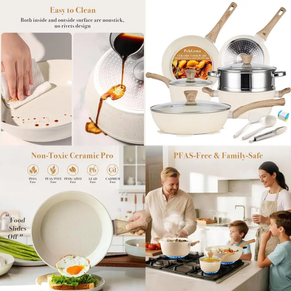 

Nonstick 14-Piece Ceramic Cookware Set, Healthy & Non-Toxic Kitchenware, Induction Compatible with Frying Pan, White