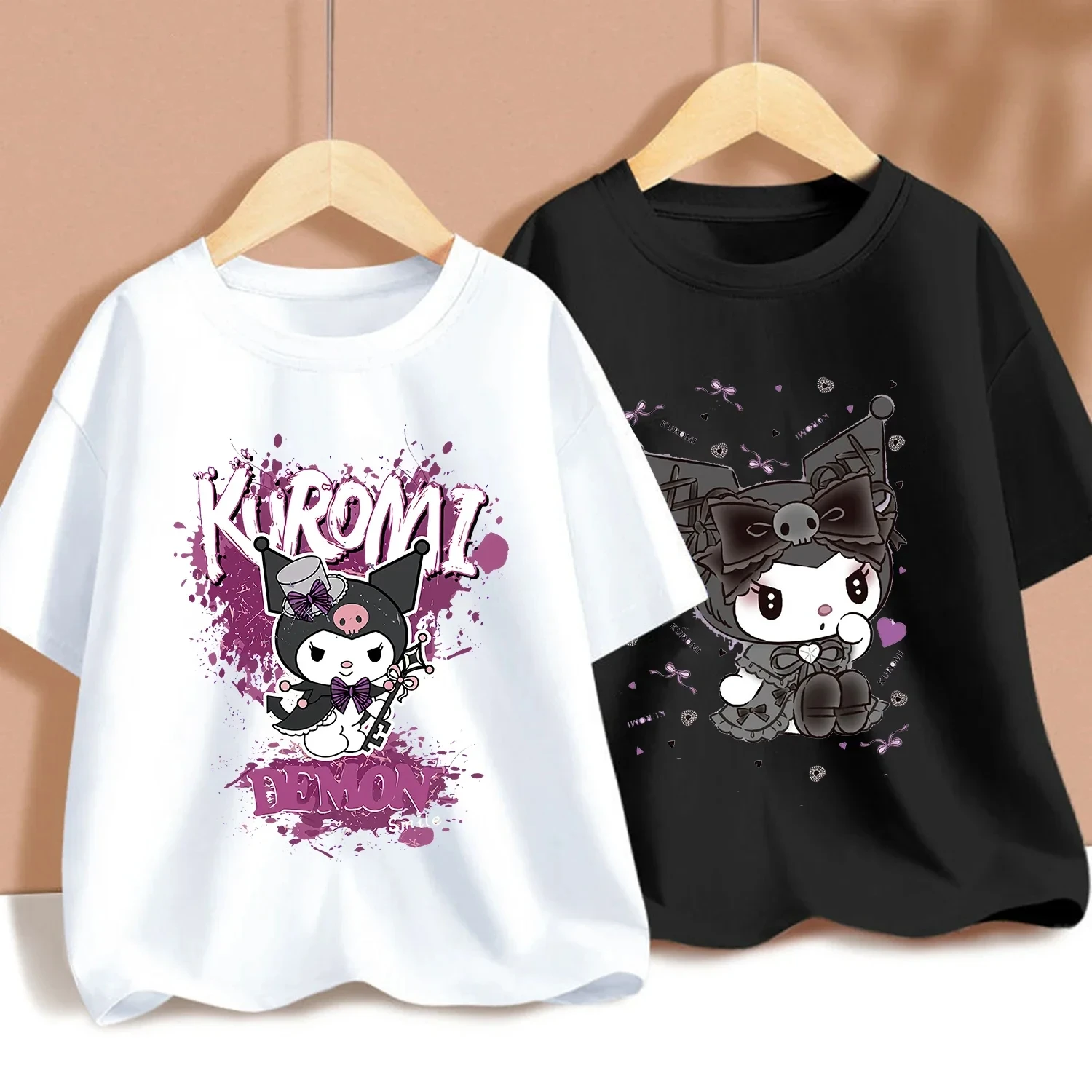 MINISO Kuromi New Fashion Children's T-shirt Cute Sanrio Cartoon Cotton Black White T-shirt Short Sleeve Boy Girl Loose Clothing