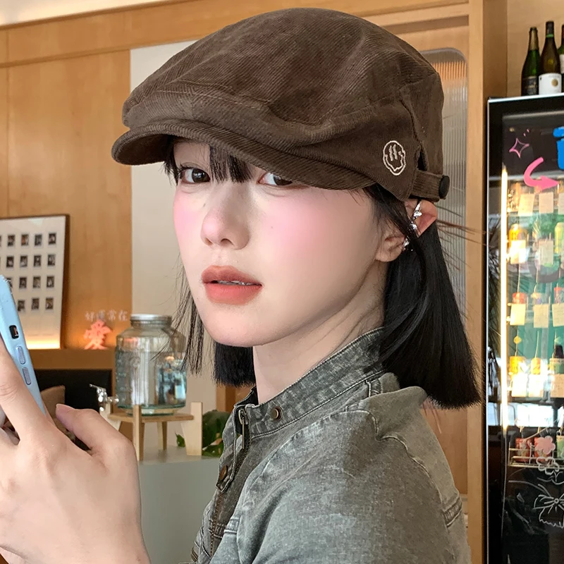 Retro Corduroy Forward Hats for Women Korean Version Versatile Literature and Art Newsboy Hat Ins Show Face Small Fashion Berets