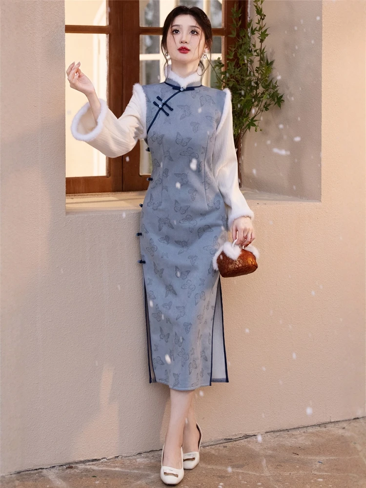 

Новое зимнее утепленное китайское платье-ципао 2025 года для молодых женщин, модное, длинное, для новогодних встреч и церемоний, осенне-зимняя коллекция