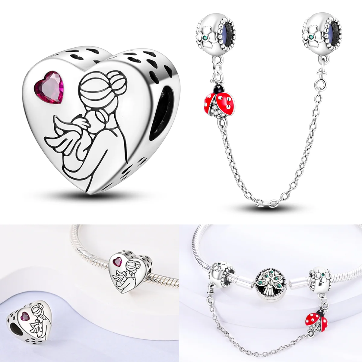 

925 Sterling Silver Motherly Love Charms Bead Four-leaf Clover Ladybug Safety Chain Fit Original Bracelet DIY Women Jewelry Gift