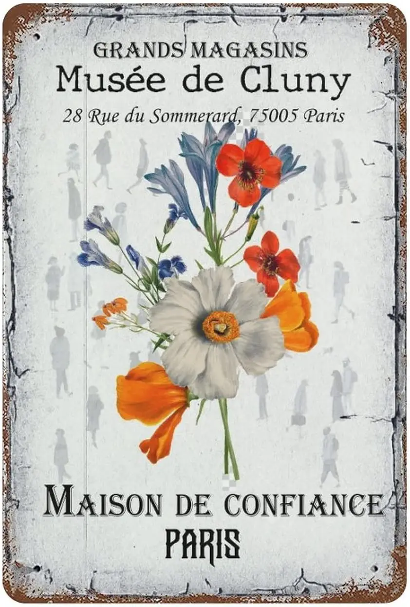 French Shabby Chic Flower Bouquet Tin Signs Rustic Red Roses Paris Words Lettering Metal Wall Sign Retro Art Art Decor Home sign