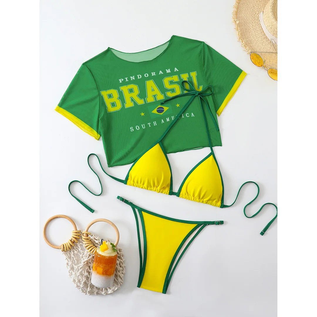 S - XL, 13 Farben, bedrucktes, dreiteiliges Bikini-Set, Bikini mit kurzen Ärmeln, Damen-Badeanzug, Damen-Badebekleidung, Badeanzug, Badebekleidung, Modell V6854G. – Detail 18