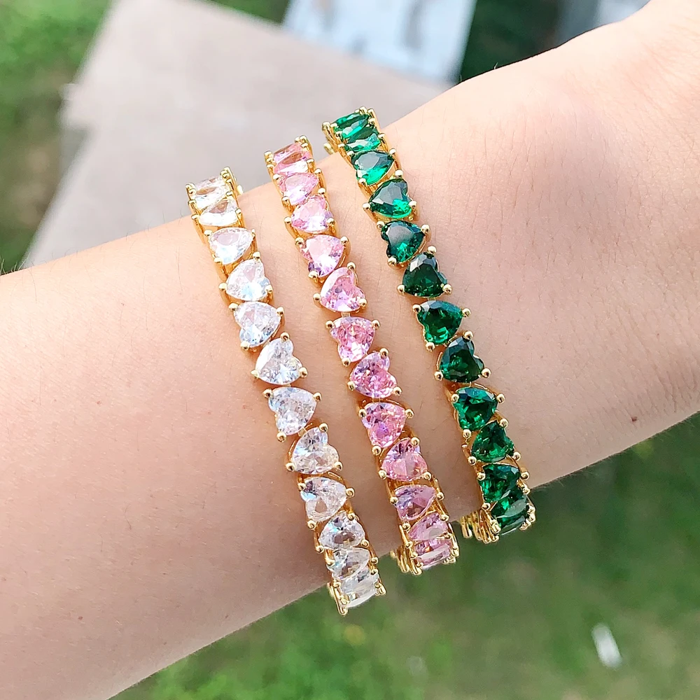 2025 High Quality Fashion Rainbow Women Jewelry Colorful Green Pink White Heart Shaped Cubic Zirconia CZ Tennis Chain Bracelets