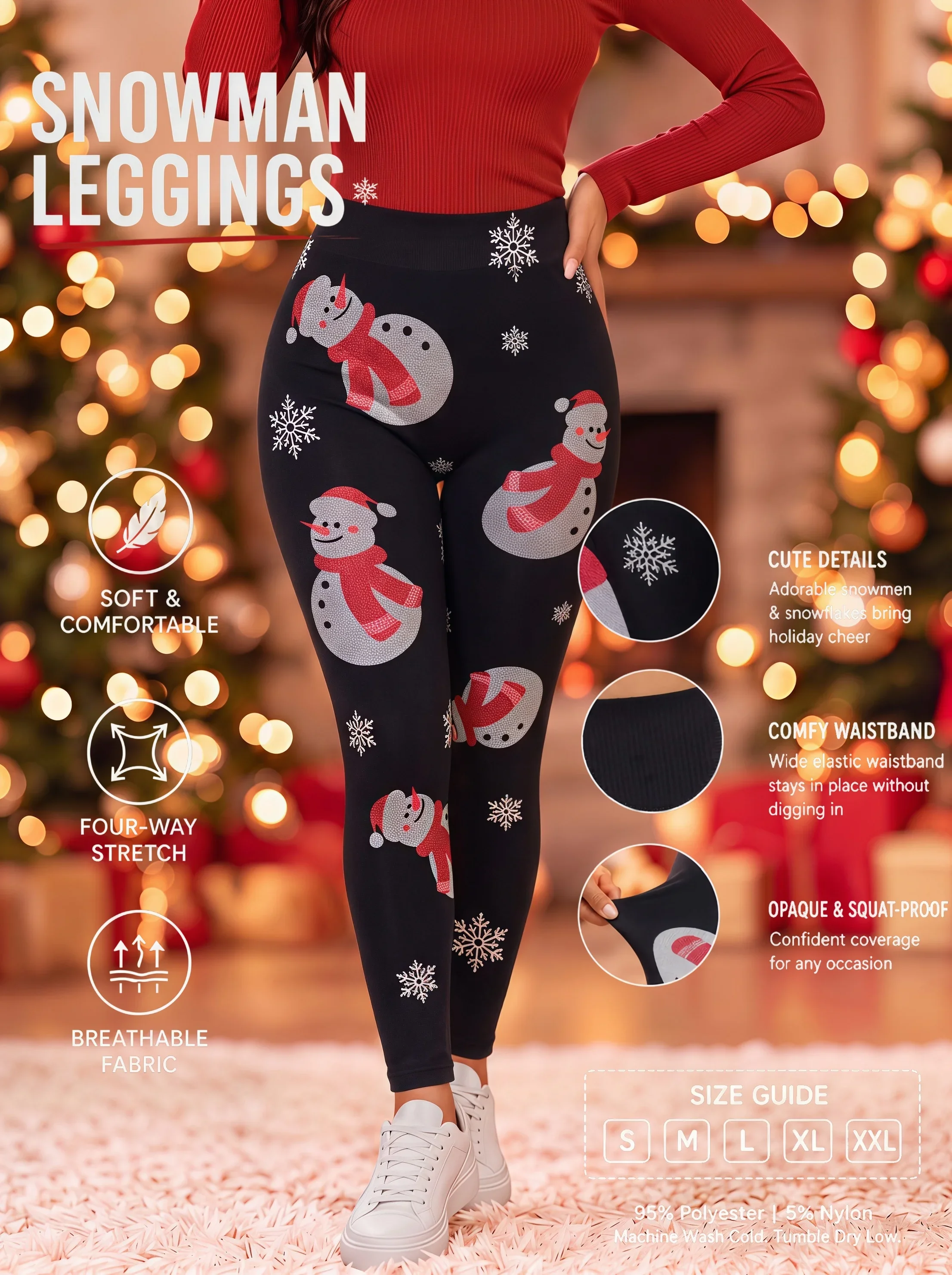 High Waist Women's Christmas Snowman Print Leggings Seamless High Stretch Skin Friendly Breathable Long Pants Snowflake Pattern