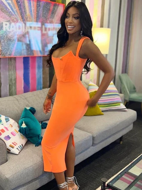 Celebrity Tv Show Sexy Dress Women Orange Khaki Color Sexy Sleevelss Bodycon Midi Dress Bandage Red Carpet Celebrate Party Dress Dresses AliExpress