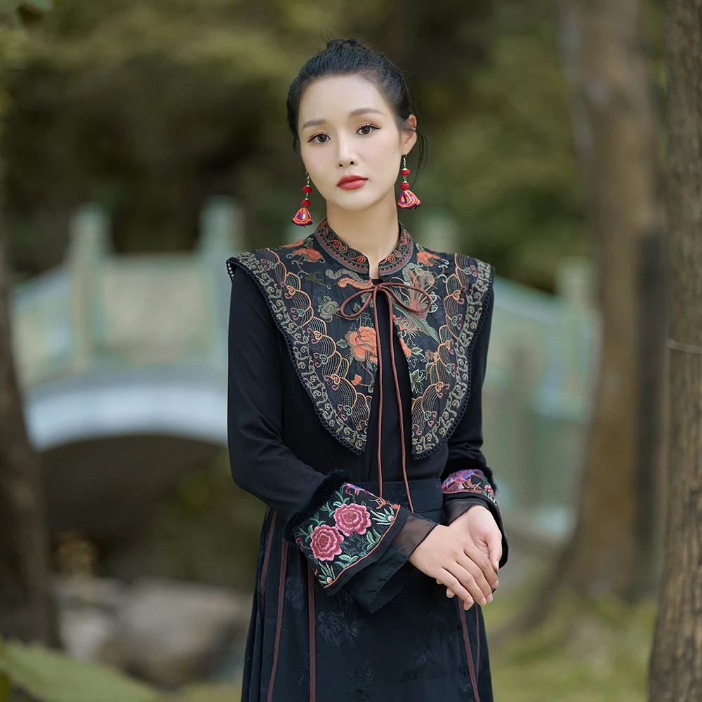 

Heavy Embroidery Cloud Shoulder Shawl Short Stand Collar Han Su Improved Versatile Outerwear Coat Drape Commute Style Silk Linen