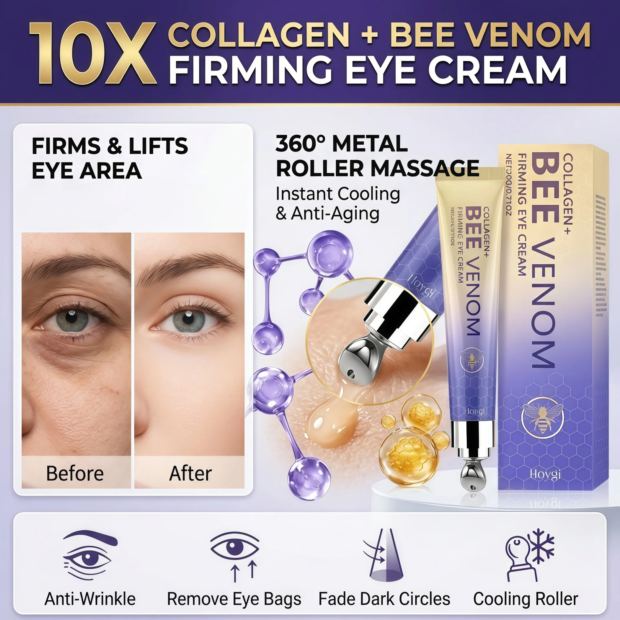 10X Collagen Bee Venom Firming Eye Cream, Microsculpt Firming & Collagen Intense Filling, Smooth Crow's Feet, Improve Eye-Area Microcirculation, Fade Dark Under Eye Circles & Cool Metal Massage Tip, Physical De-puff & Lift, Hygienic Precision Tube