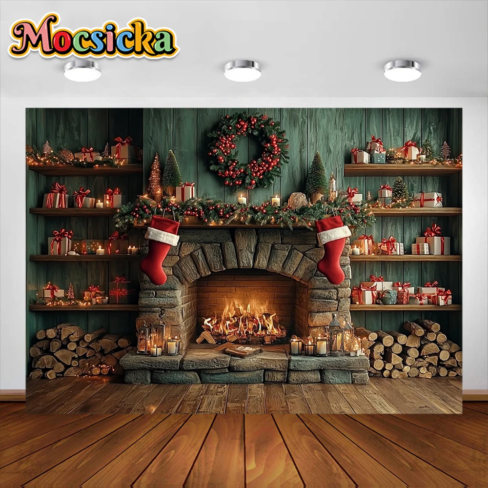 خلفية التصوير الفوتوغرافي لغرفة الكريسماس ، شجرة عيد الميلاد الموقد ، ديكور العطلة ، مستلزمات استوديو الصور العائلية