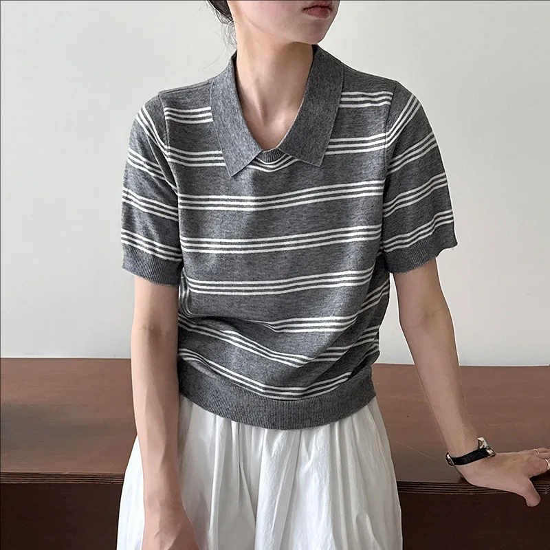 

Autumn new casual striped knitted sweater women's short sleeve pullover top