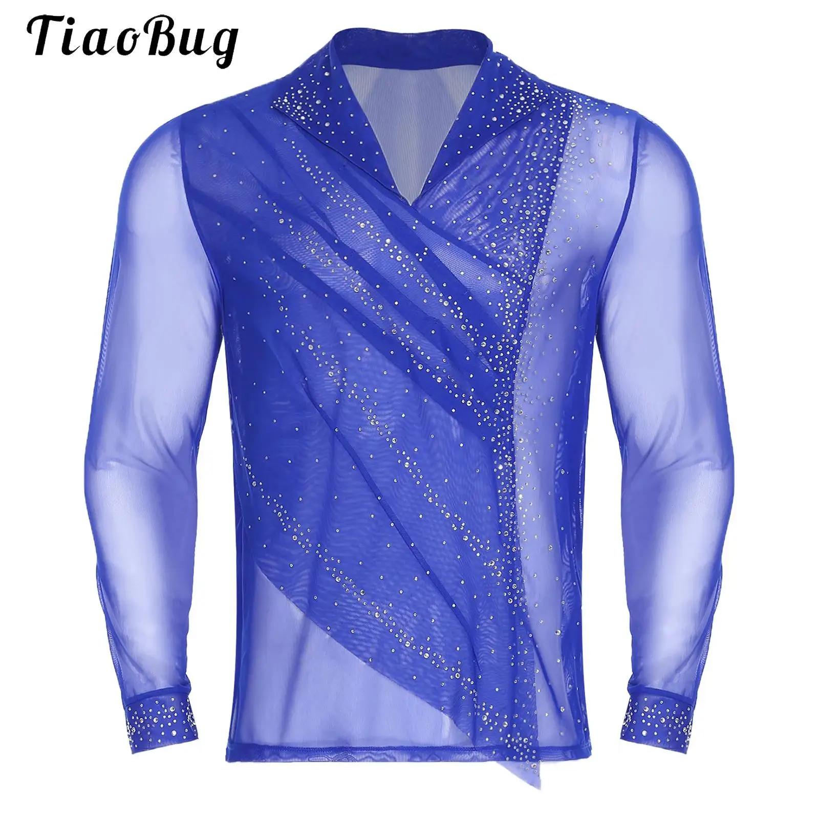 

Mens Rhythmic Gymnastics Figure Skating Performance Costume Sheer Mesh Glittery Rhinestones Lapel V Neck Tops Pullover Shirt