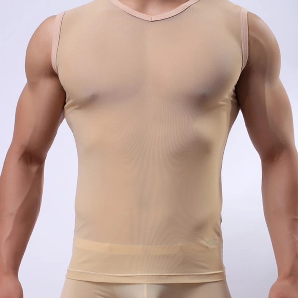 Men Undershirts Sexy Transparent Musle Tank Tops Elastic Vest Man Sleeveless Tops Sheer Fitness T-Shirt Clubwear Singlet