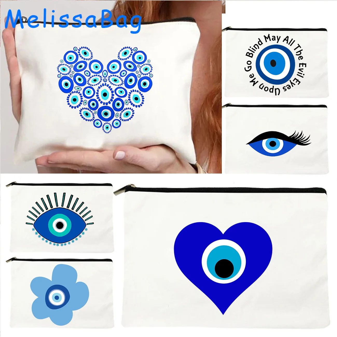 Blue Evil Eye Heart Protection Mandala Bohemian Hamsa Amulet Gift Canvas Bag Cosmetic Makeup Toilet Bag Pencil Case Zipper Pouch